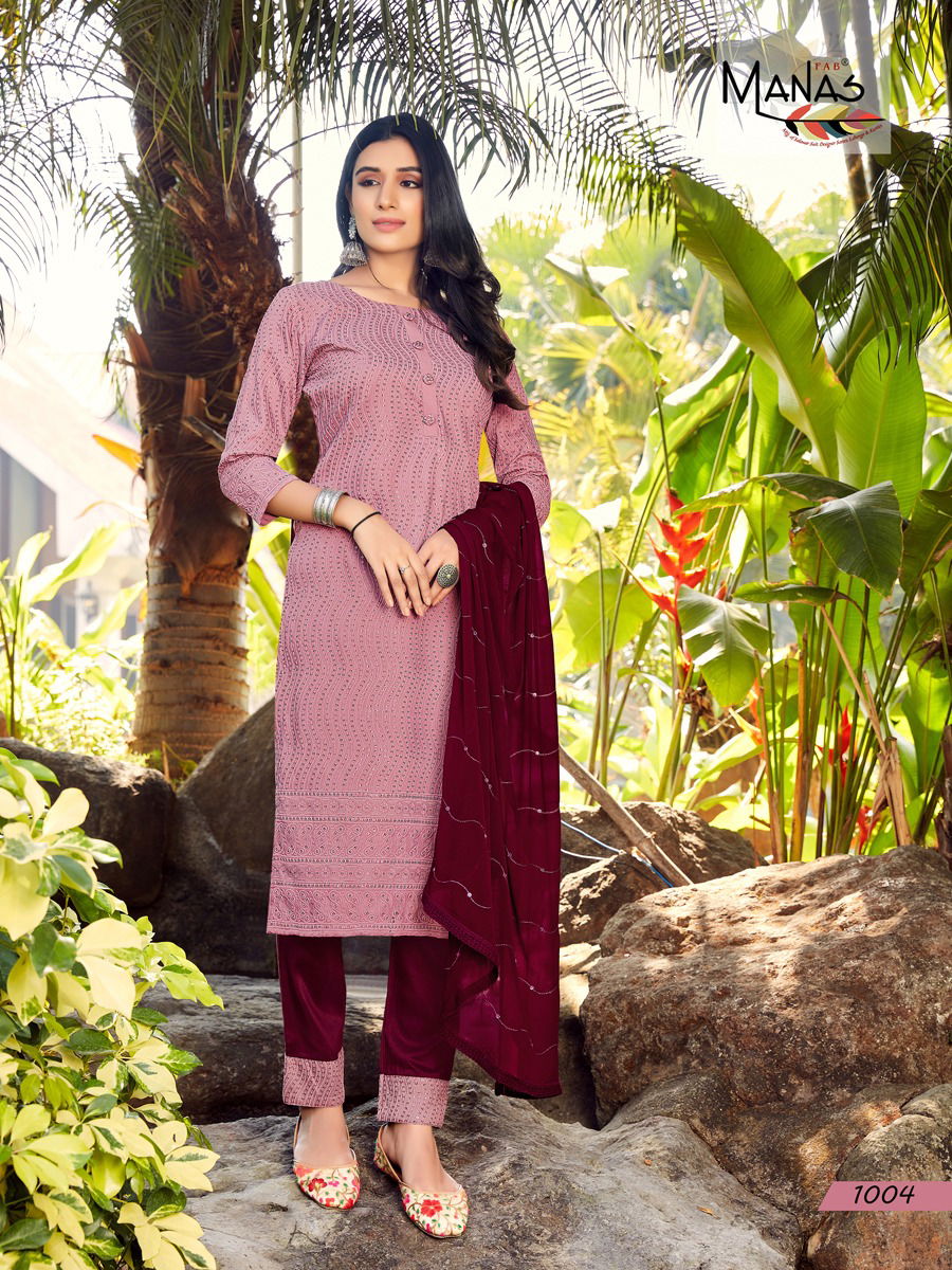 Manas Bombay Schiffli Designer Festive Wear Kurti With Pant And Dupatta Readymade Collection